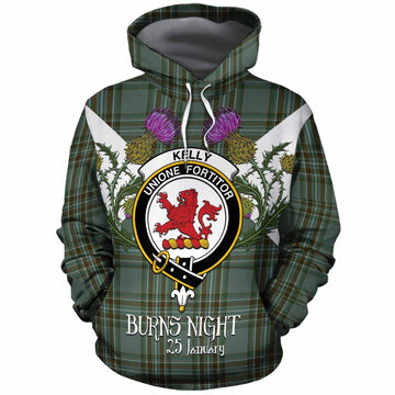 Kelly Tartan Family Crest Cotton Hoodie Scottish Burns Night Thistle Floral