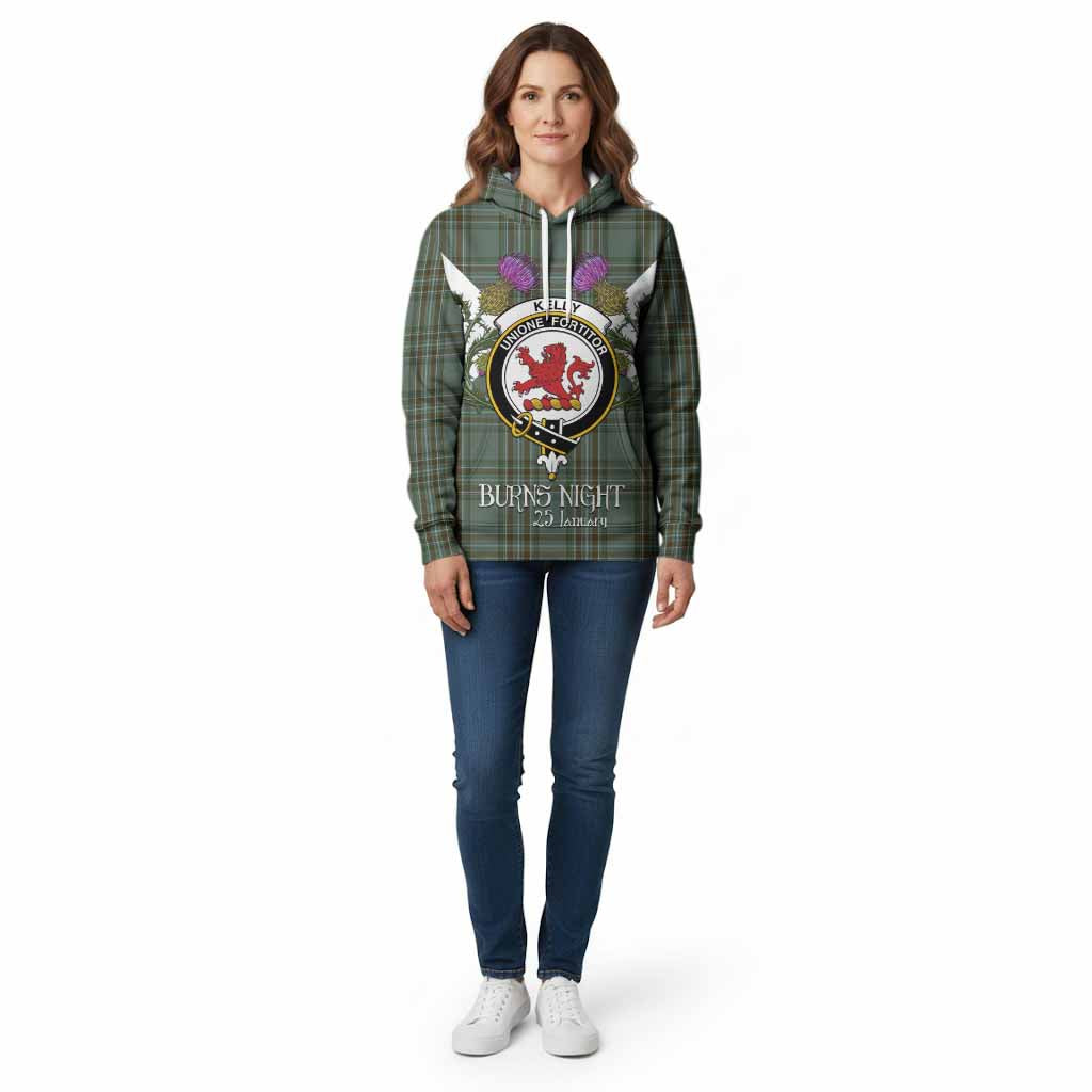 Kelly Tartan Family Crest Cotton Hoodie Scottish Burns Night Thistle Floral