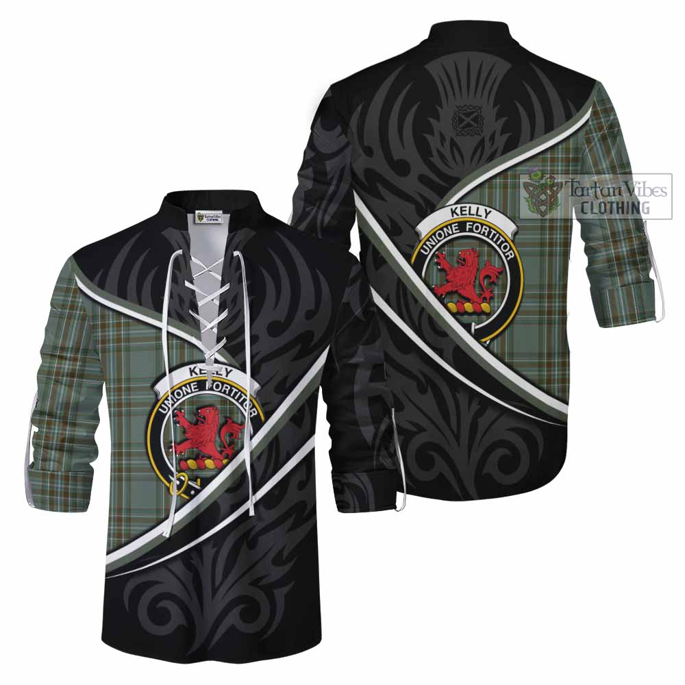 Kelly Tartan Family Crest Ghillie Kilt Shirt Celtic Scottish Thistle Floral - Tartan Vibes Clothing