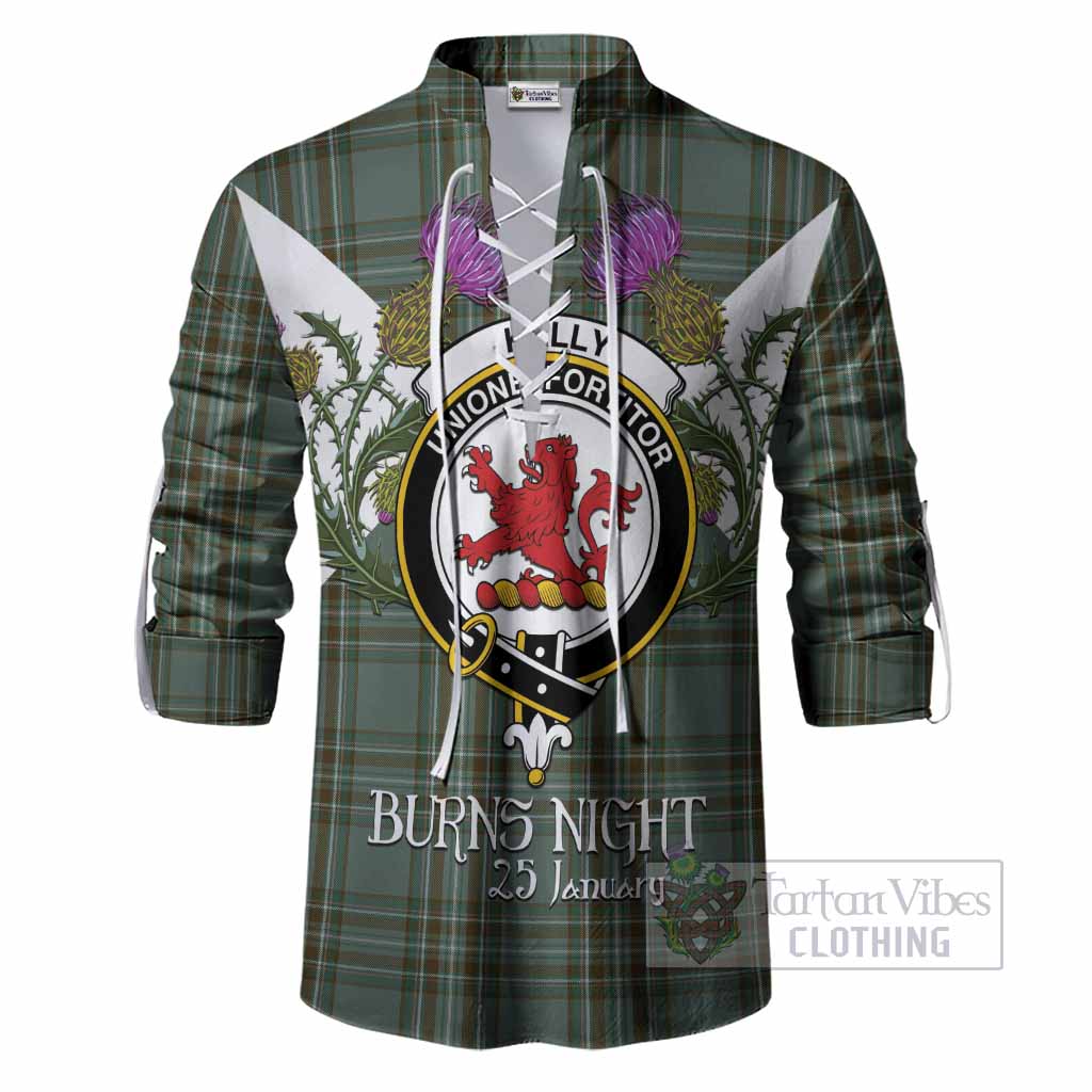 Kelly Tartan Family Crest Ghillie Shirt Scottish Burns Night Thistle Floral
