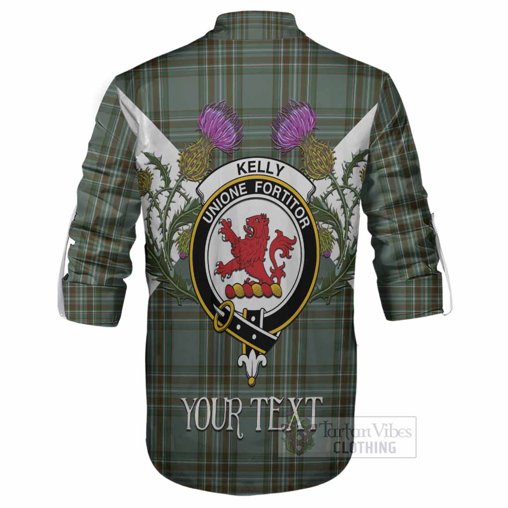 Kelly Tartan Family Crest Ghillie Shirt Scottish Burns Night Thistle Floral