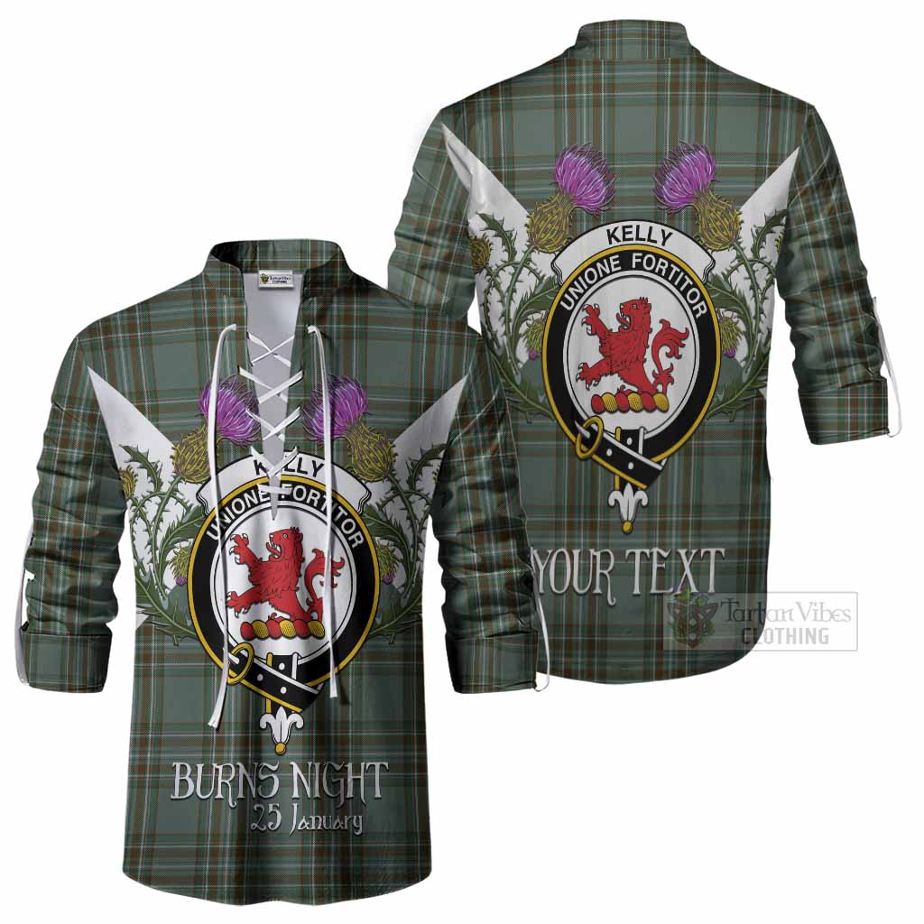 Kelly Tartan Family Crest Ghillie Shirt Scottish Burns Night Thistle Floral
