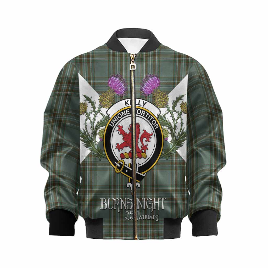 Kelly Tartan Family Crest Kid Bomber Jacket Scottish Burns Night Thistle Floral