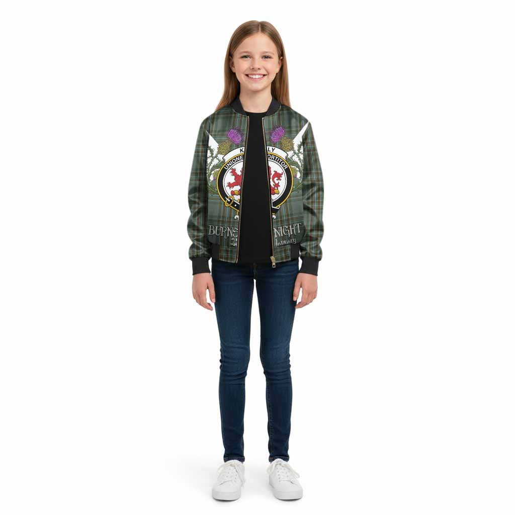 Kelly Tartan Family Crest Kid Bomber Jacket Scottish Burns Night Thistle Floral