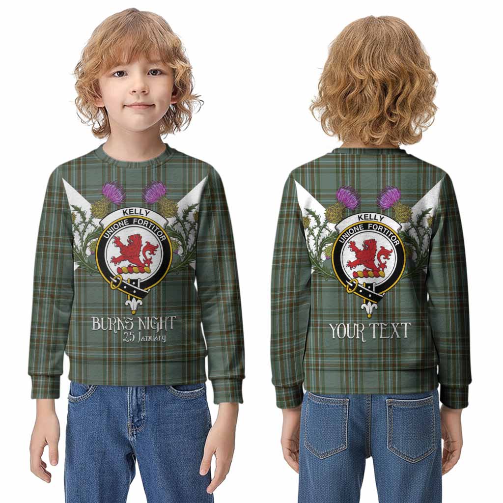 Kelly Tartan Family Crest Kid Knitted Sweatshirt Scottish Burns Night Thistle Floral