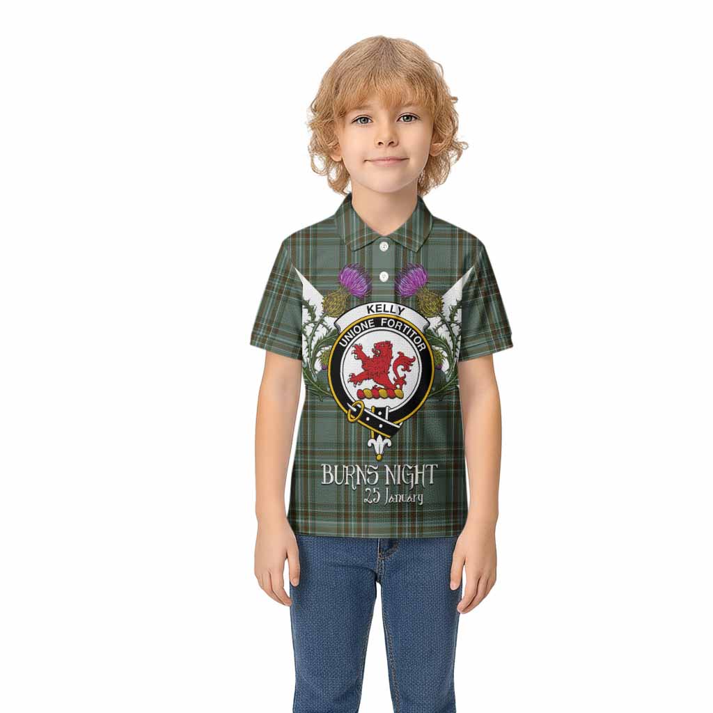 Kelly Tartan Family Crest Kid Polo Shirt Scottish Burns Night Thistle Floral