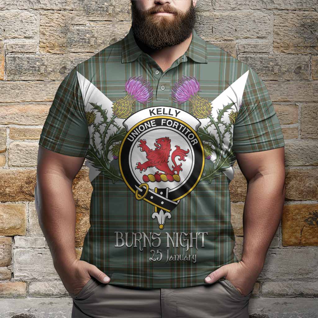 Kelly Tartan Family Crest Polo Shirt Scottish Burns Night Thistle Floral