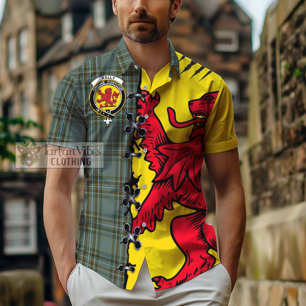 Kelly Tartan Family Crest Short Sleeve Button Shirt Lion Rampant Honor - Tartan Vibes Clothing