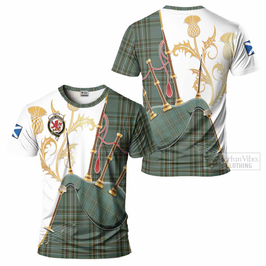 Kelly Tartan Family Crest T-Shirt Bagpipes with Scottish Thistle