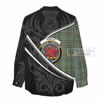 Kelly Tartan Family Crest Women Casual Shirt Celtic Scottish Thistle Floral - Tartan Vibes Clothing