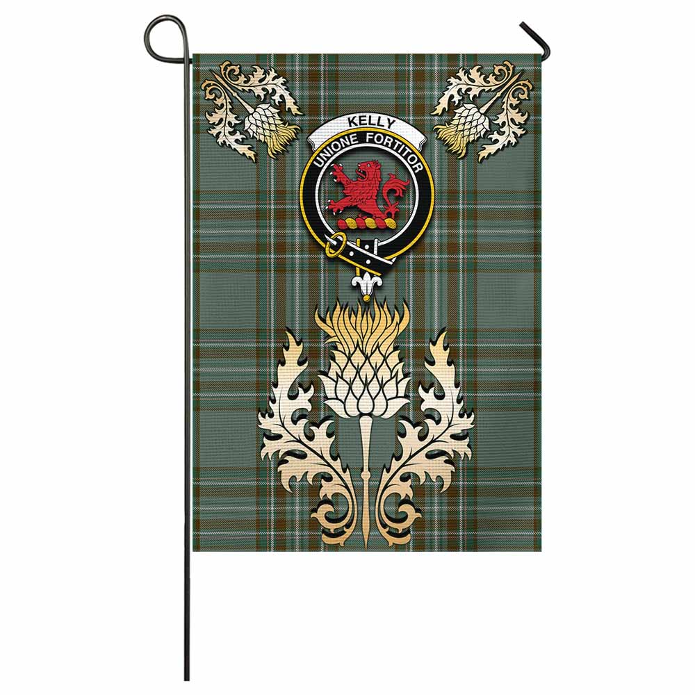 Kelly Tartan Garden Flag with Golden Regal Scottish Thistle Emblem - Tartan Vibes Clothing