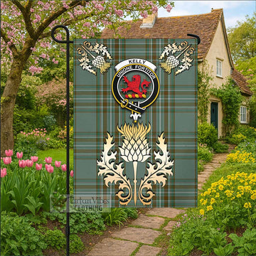 Kelly Tartan Garden Flag with Golden Regal Scottish Thistle Emblem