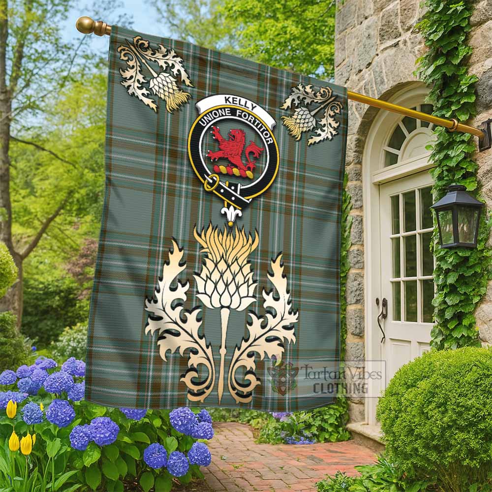 Kelly Tartan Garden Flag with Golden Regal Scottish Thistle Emblem - Tartan Vibes Clothing