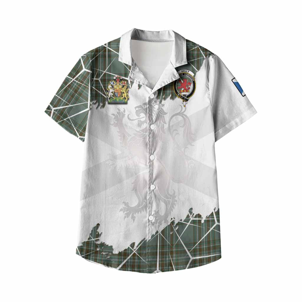 Kelly Tartan Kid Hawaiian Shirt with Family Crest and Lion Rampant Grunge Style