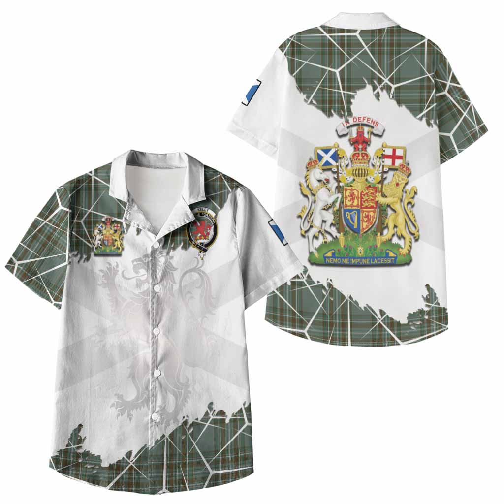 Kelly Tartan Kid Hawaiian Shirt with Family Crest and Lion Rampant Grunge Style