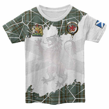 Kelly Tartan Kid T-shirt with Family Crest and Lion Rampant Grunge Style