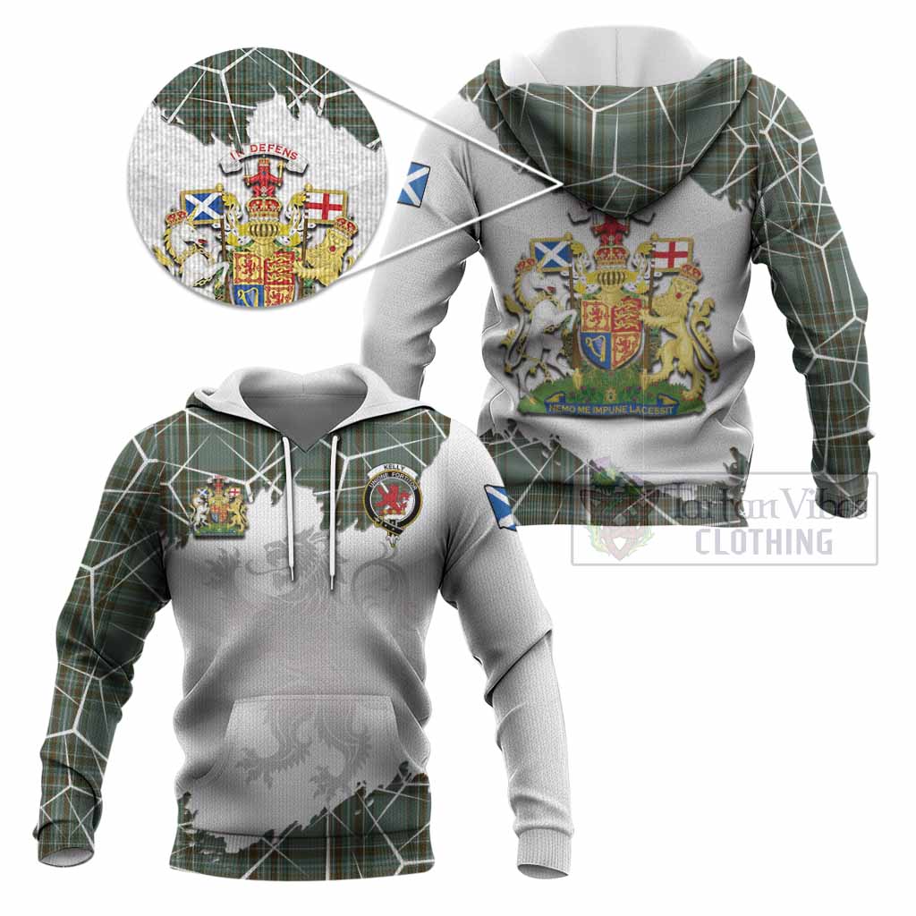 Kelly Tartan Knitted Hoodie with Family Crest and Lion Rampant Grunge Style