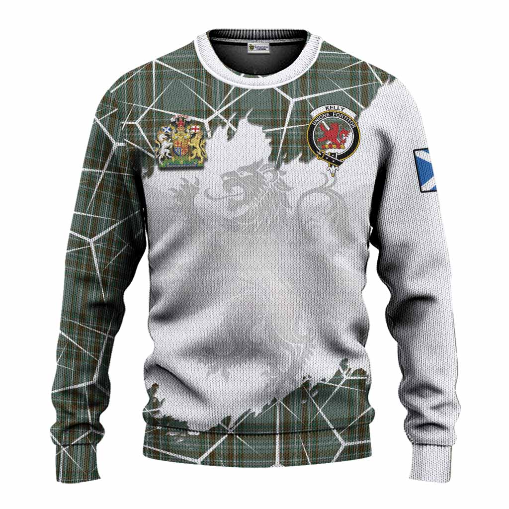 Kelly Tartan Knitted Sweater with Family Crest and Lion Rampant Grunge Style