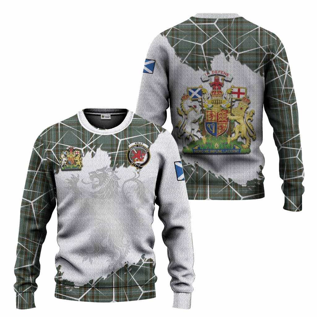 Kelly Tartan Knitted Sweater with Family Crest and Lion Rampant Grunge Style