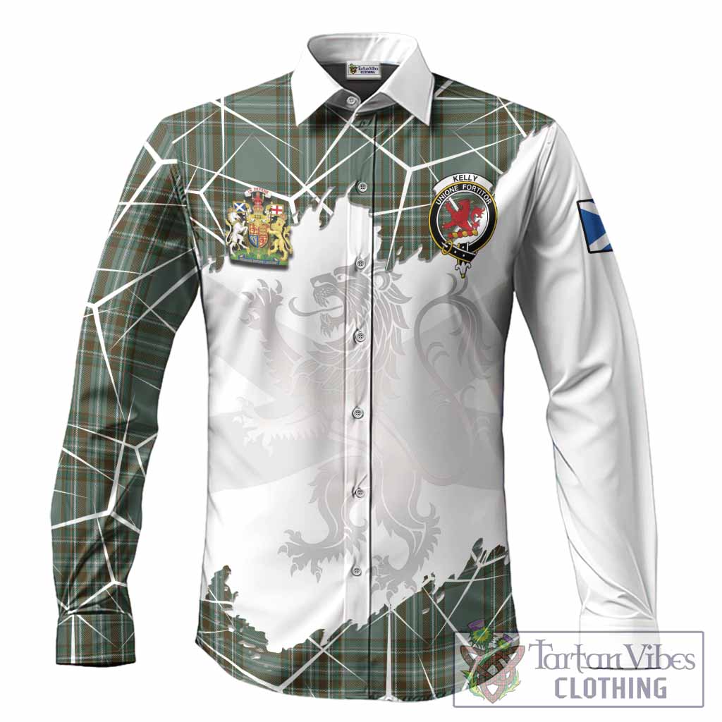 Kelly Tartan Long Sleeve Button Shirts with Family Crest and Lion Rampant Grunge Style