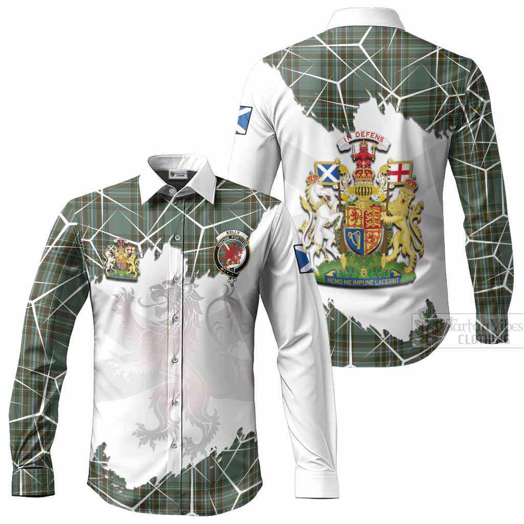 Kelly Tartan Long Sleeve Button Shirts with Family Crest and Lion Rampant Grunge Style