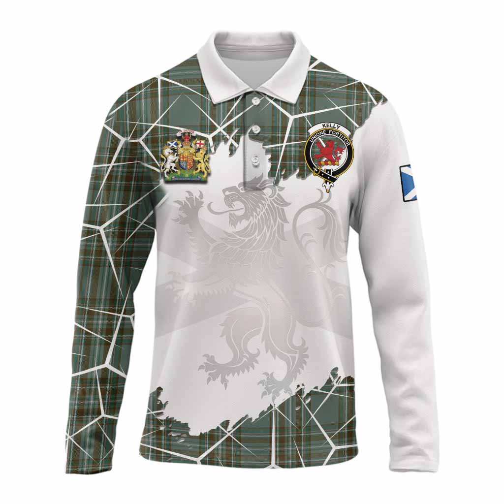 Kelly Tartan Long Sleeve Polo Shirt with Family Crest and Lion Rampant Grunge Style