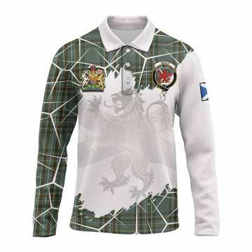 Kelly Tartan Long Sleeve Polo Shirt with Family Crest and Lion Rampant Grunge Style