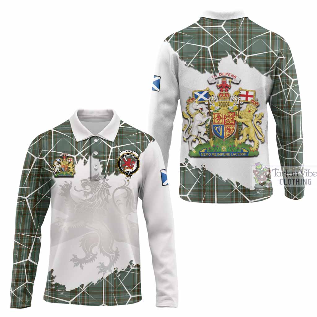Kelly Tartan Long Sleeve Polo Shirt with Family Crest and Lion Rampant Grunge Style