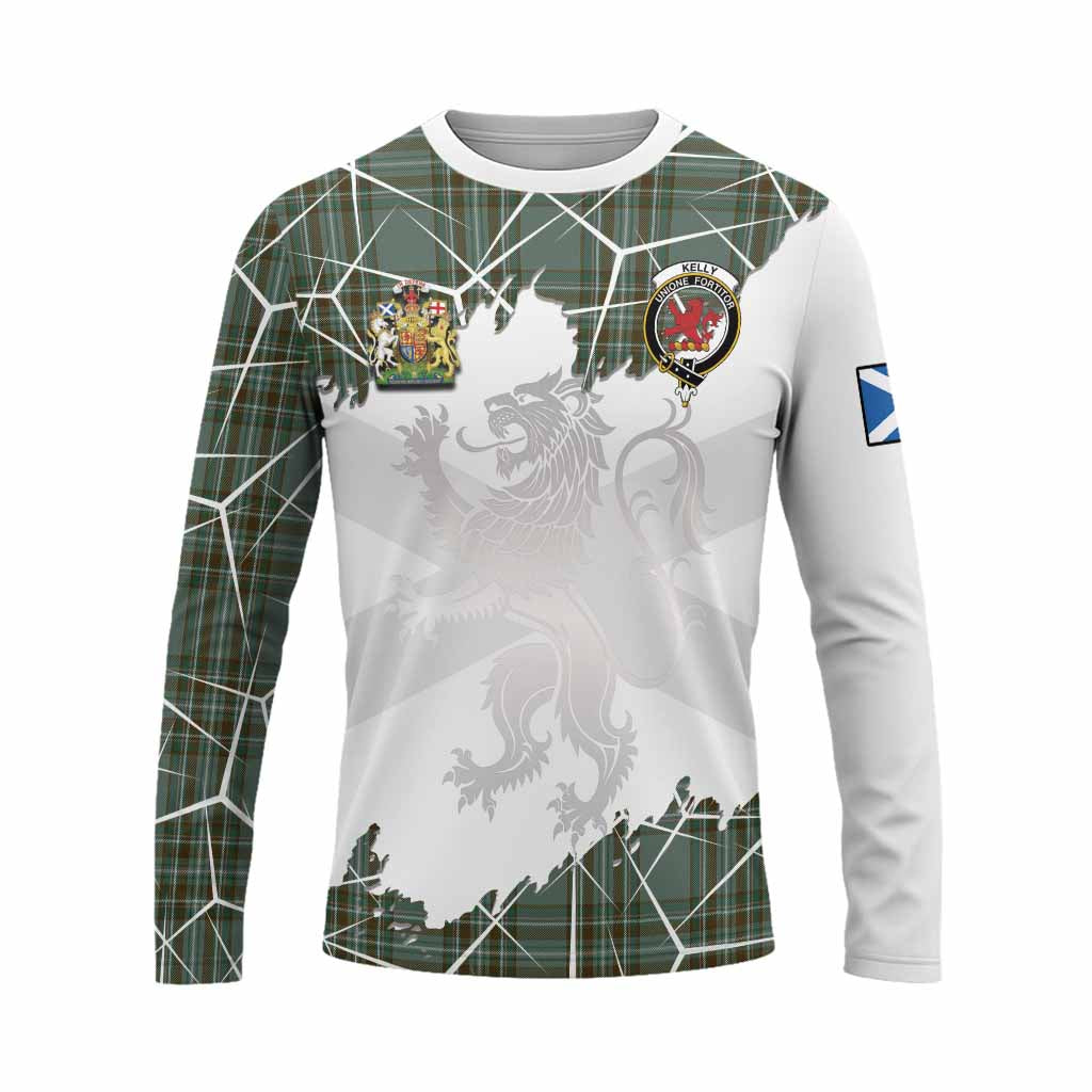 Kelly Tartan Long Sleeve T-Shirt with Family Crest and Lion Rampant Grunge Style