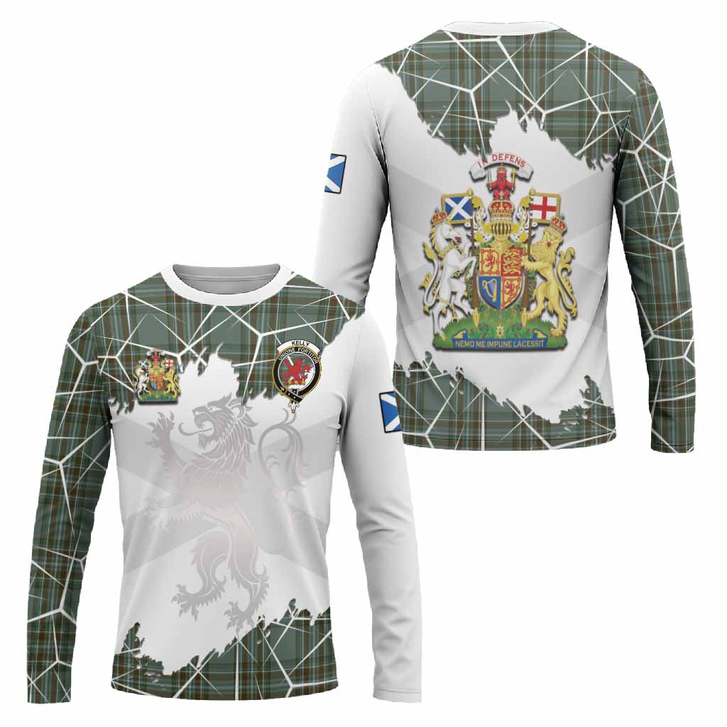 Kelly Tartan Long Sleeve T-Shirt with Family Crest and Lion Rampant Grunge Style