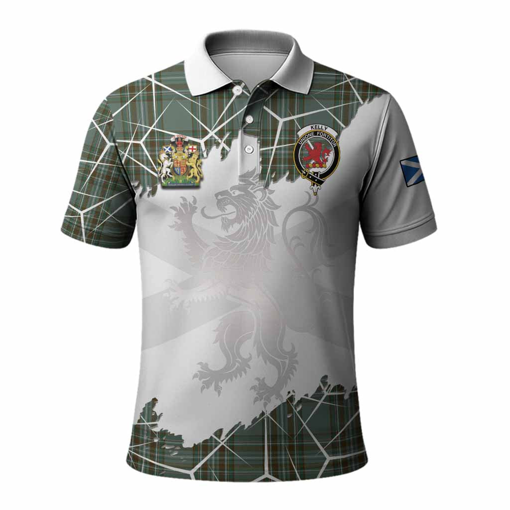Kelly Tartan Polo Shirt with Family Crest and Lion Rampant Grunge Style