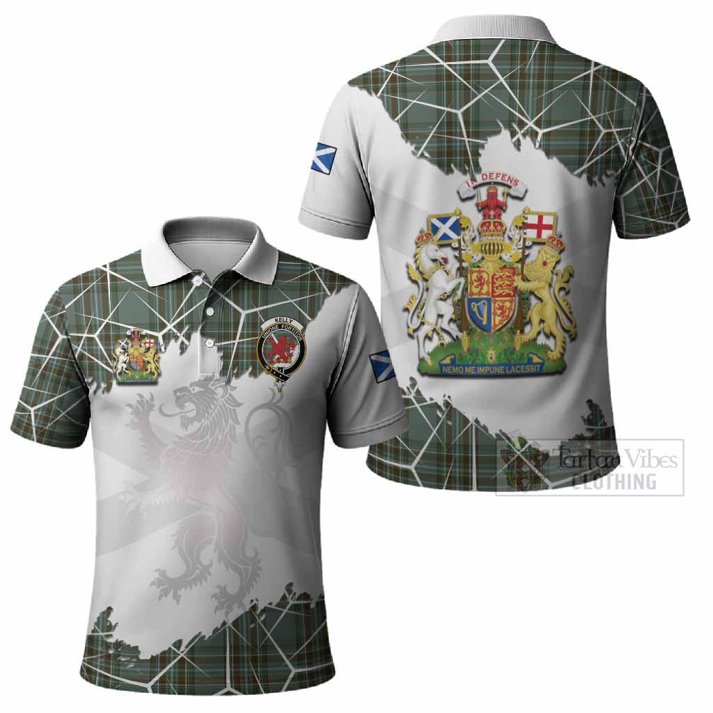 Kelly Tartan Polo Shirt with Family Crest and Lion Rampant Grunge Style