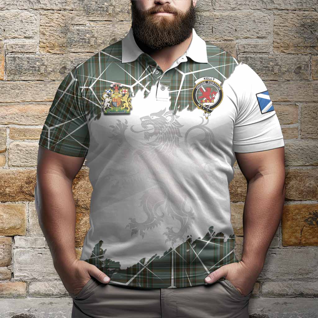 Kelly Tartan Polo Shirt with Family Crest and Lion Rampant Grunge Style