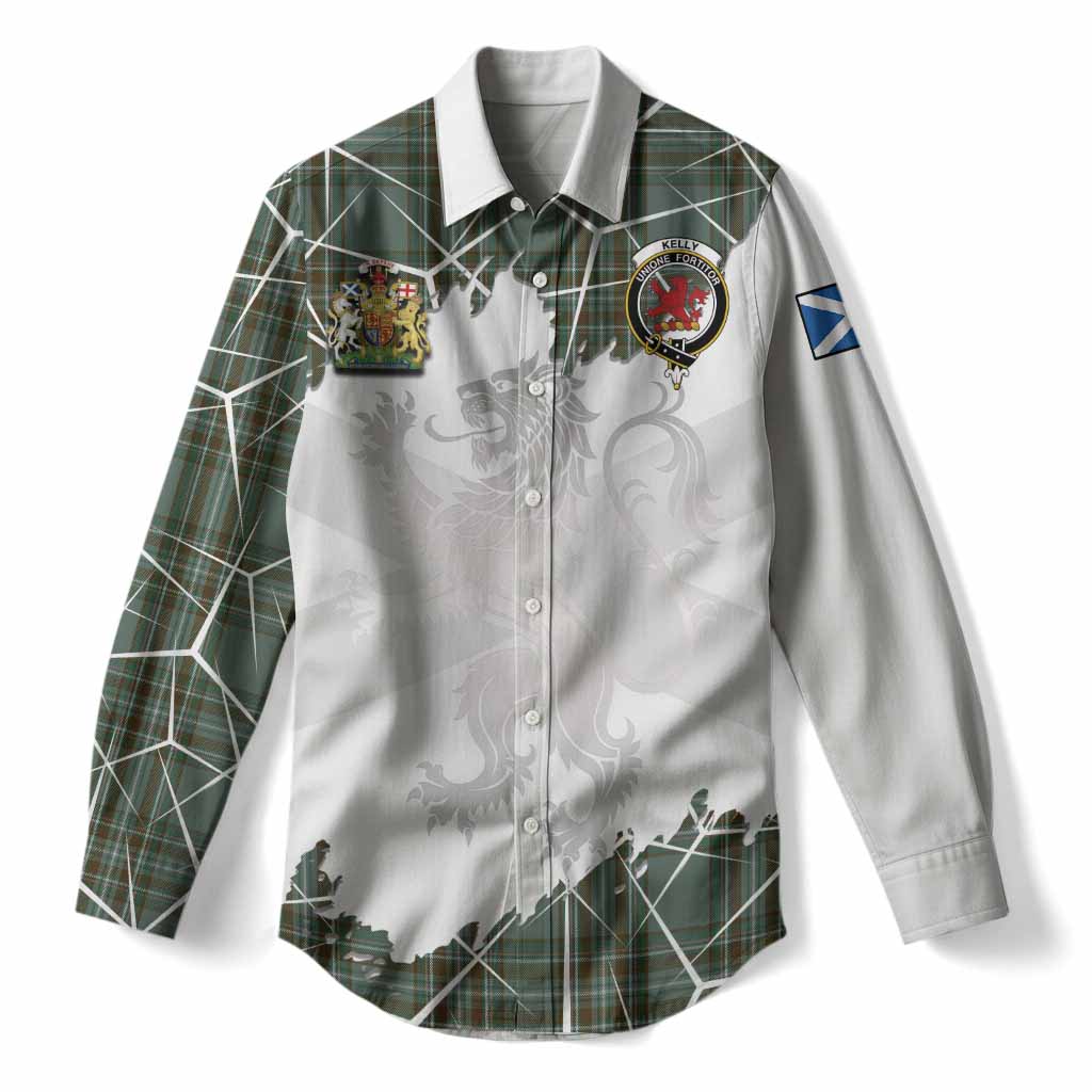 Kelly Tartan Women Casual Shirt with Family Crest and Lion Rampant Grunge Style