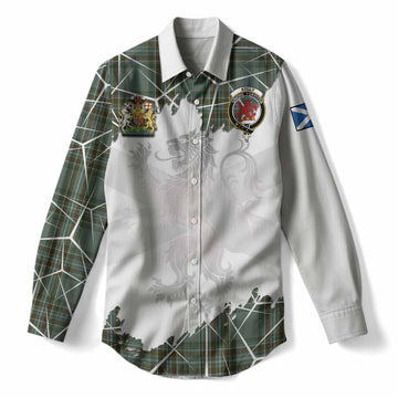 Kelly Tartan Women Casual Shirt with Family Crest and Lion Rampant Grunge Style