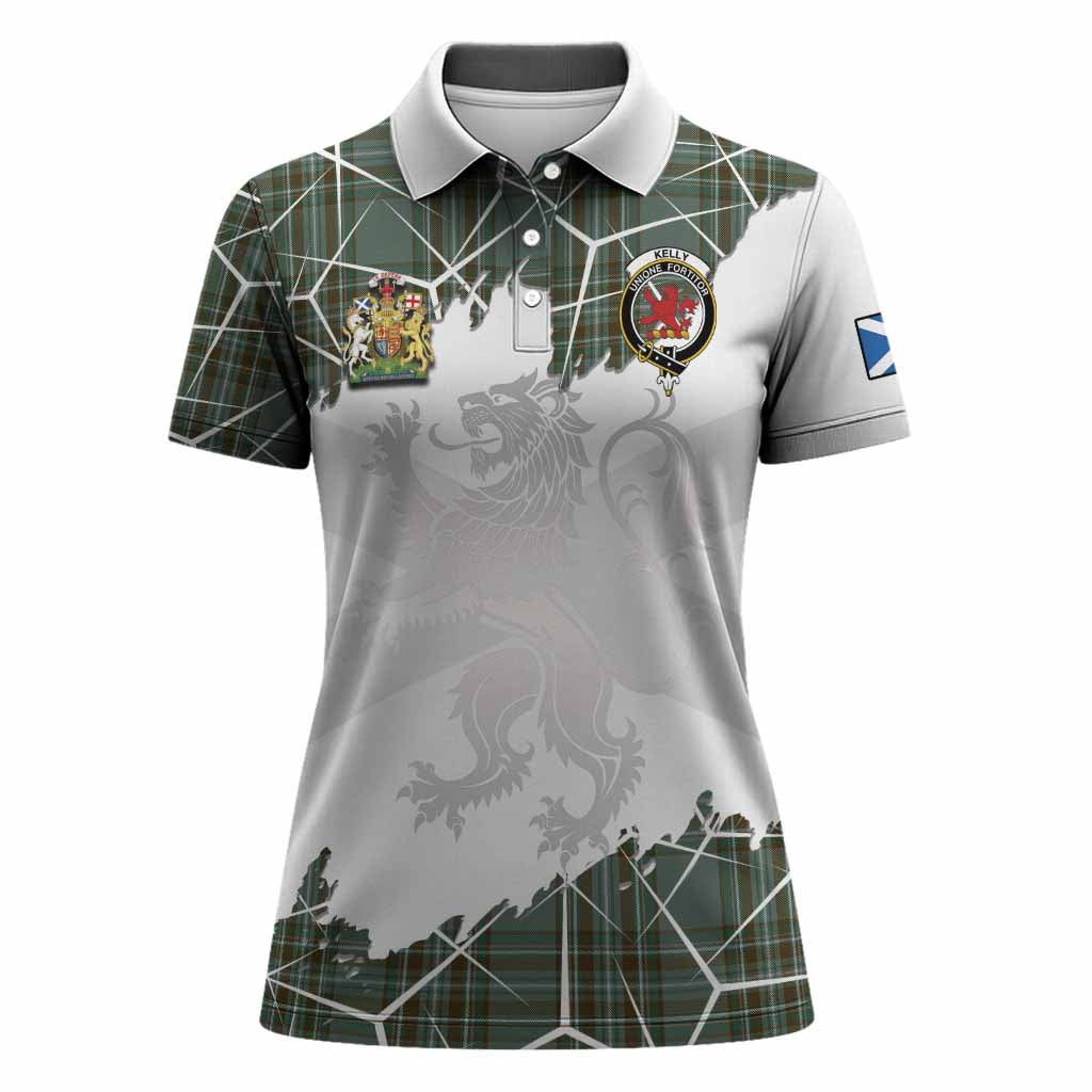 Kelly Tartan Women Polo Shirt with Family Crest and Lion Rampant Grunge Style