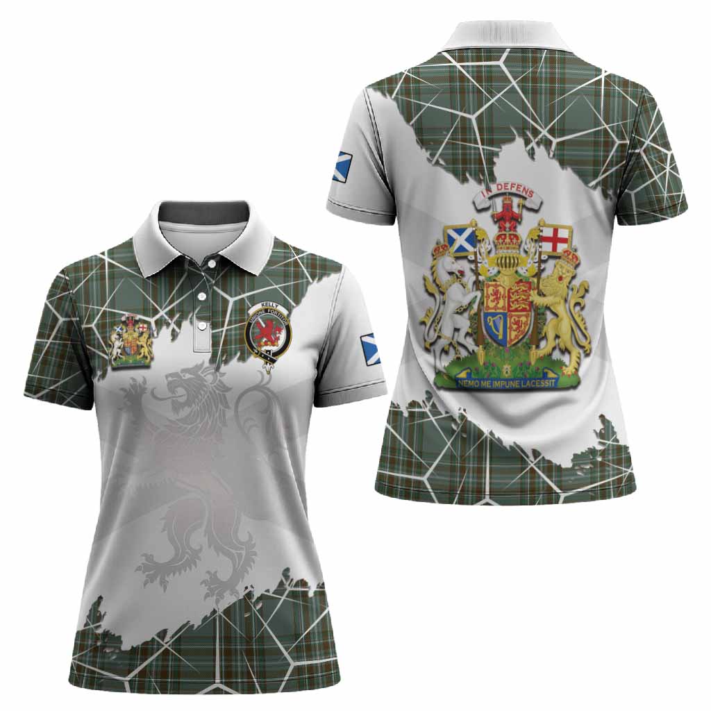 Kelly Tartan Women Polo Shirt with Family Crest and Lion Rampant Grunge Style