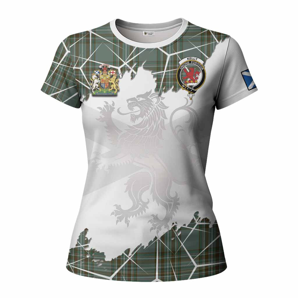 Kelly Tartan Women T shirt with Family Crest and Lion Rampant Grunge Style
