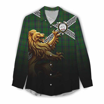Tartan Vibes Clothing Kennedy Crest Tartan Women's Casual Shirt with Golden Lion Emblem Celtic Style