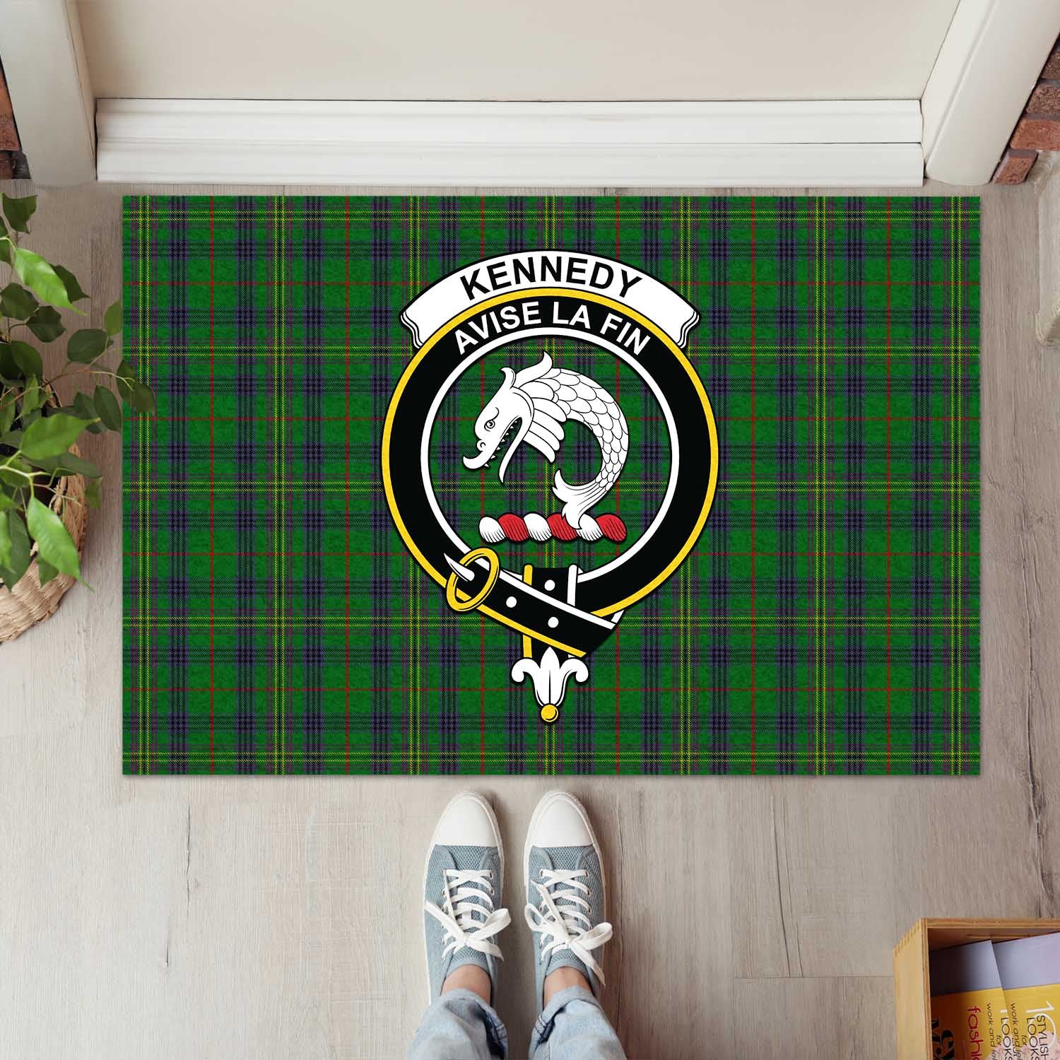 Kennedy Tartan Door Mat with Family Crest - Tartanvibesclothing