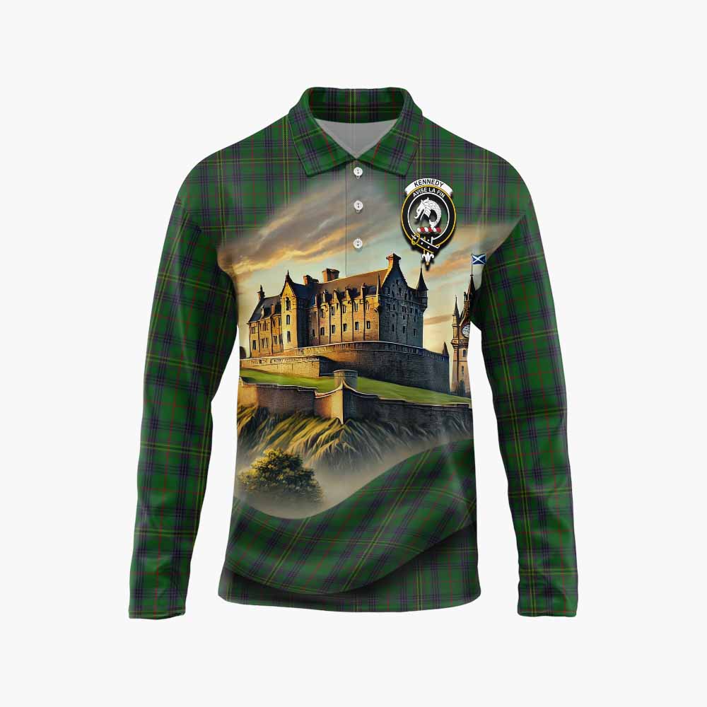Tartan Vibes Clothing Kennedy Tartan Family Crest Long Sleeve Polo Shirt with Scottish Ancient Castle Style