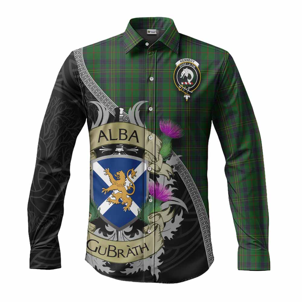 Tartan Vibes Clothing Kennedy Tartan Family Crest Long Sleeve Button Shirt Lion Rampant Royal Thistle Shield Celtic Inspired