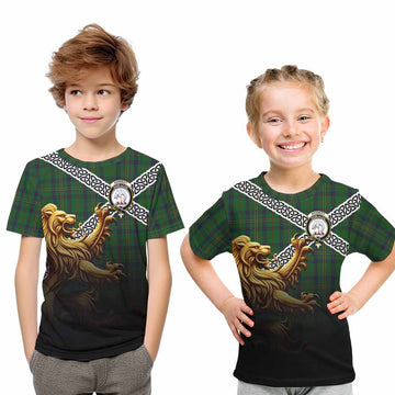 Tartan Vibes Clothing Kennedy Crest Tartan Kid T-Shirt with Golden Lion Emblem Celtic Style
