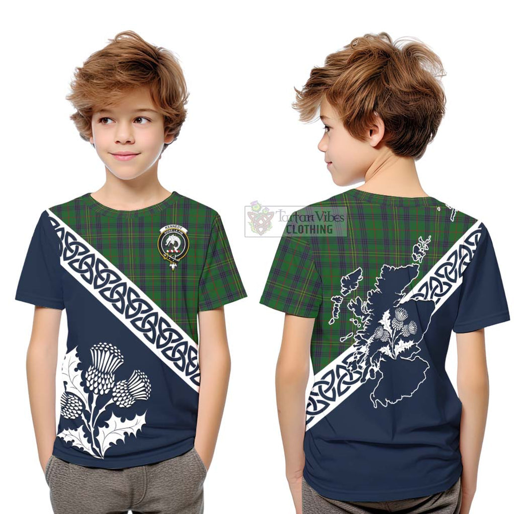 Tartan Vibes Clothing Kennedy Tartan Kid T-Shirt Featuring Thistle and Scotland Map