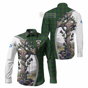 Kennedy Tartan Long Sleeve Button Shirt with Family Crest and St. Andrew's Cross Accented by Thistle Vines