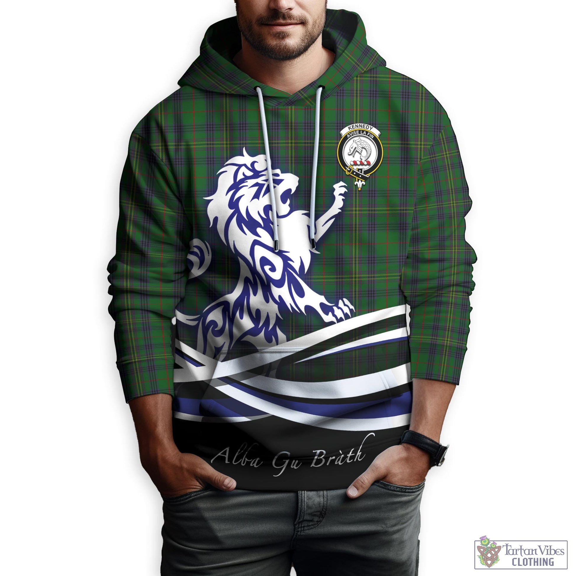 Kennedy Tartan Hoodie with Alba Gu Brath Regal Lion Emblem Zip Hoodie - Tartan Vibes Clothing
