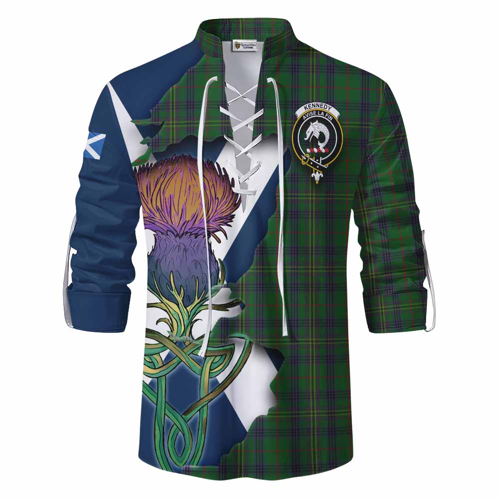 Tartan Vibes Clothing Kennedy Tartan Family Crest Ghillie Kilt Shirt Scottish Thistle Celtic Inspired