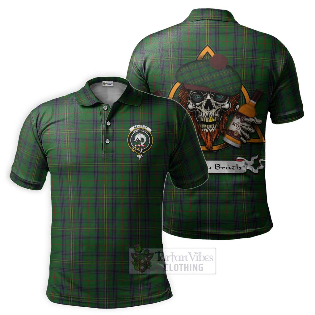 Tartan Vibes Clothing Kennedy Tartan Polo Shirt with Family Crest and Bearded Skull Holding Bottles of Whiskey