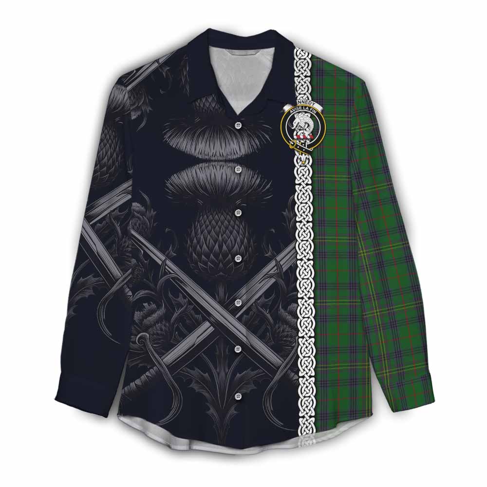 Tartan Vibes Clothing Kennedy Tartan Women's Casual Shirt with Family Crest Cross Sword Thistle Celtic Vibes