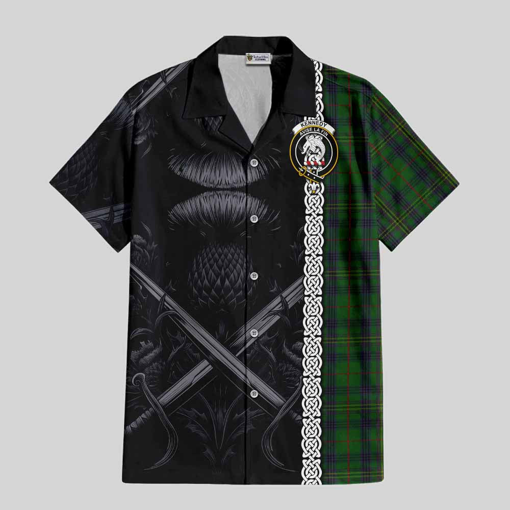 Tartan Vibes Clothing Kennedy Tartan Short Sleeve Button Shirt with Family Crest Cross Sword Thistle Celtic Vibes